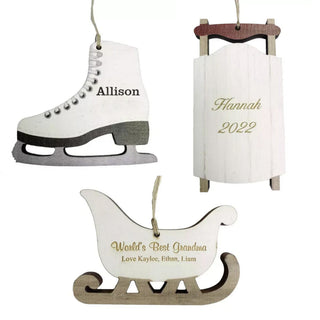 Personalized Wood Christmas Ornaments 3-Pack | Custom Engraved Skate, Sled & Sleigh Ornaments | Holiday Tree Decorations Things Engraved