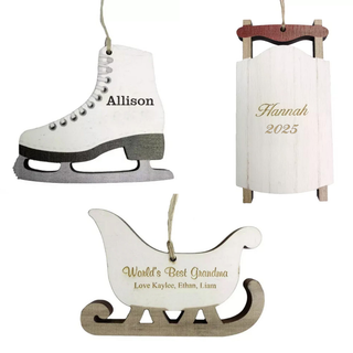 Personalized Wood Christmas Ornaments 3-Pack | Custom Engraved Skate, Sled & Sleigh Ornaments | Holiday Tree Decorations Things Engraved