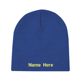 A blue standard winter hat that has the option to personalize it with a variety of embroidery colours.