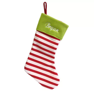 Elf Style Red Striped Stocking With Green Trim