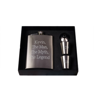 Stainless Steel Flask Set - a flask with 2 shot glasses.  Custom engraving.  Great for bachelor parties, men's gifts, wedding party gifts.