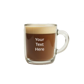 Glass coffee mug with handle that can be custom etched with white.  Dishwasher safe.