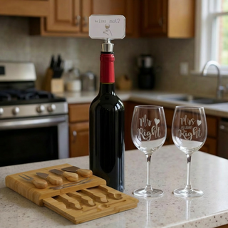 Wine Lovers Set - Bamboo Cheeseboard & Knife Set , 2 Wine Glasses & Wine Stopper Things Engraved