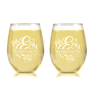 Mr. & Mrs. Stemless Wine Glass Set - Things Engraved