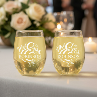 Mr. & Mrs. Stemless Wine Glass Set - Things Engraved