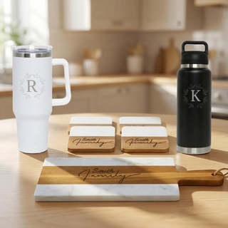 The Family Marble Cheeseboard with Coasters and a Large Tumbler Plus Travel Mug Set