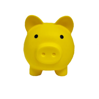 View of a piggy bank from the front.  It is custom and plastic and yellow.