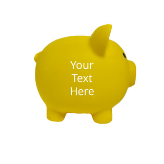 Side view of a yellow piggy bank where you can add your custom message, design, name or text.