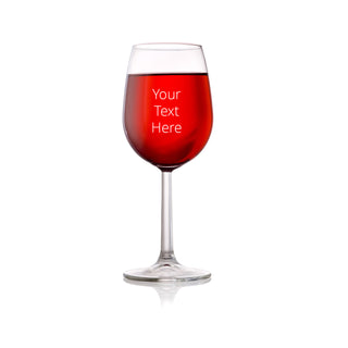 Red wine glass in a classic shape with a stem.  There is space on it for a custom message.