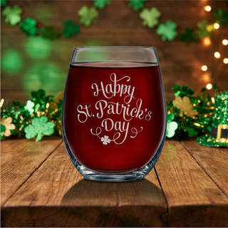 Happy St. Patrick's Day Stemless Wine Glass 15 oz Things Engraved