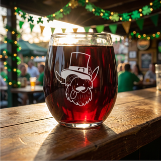 St. Patrick's Day Dog with Hat Stemless Wine Glass 15 oz Things Engraved