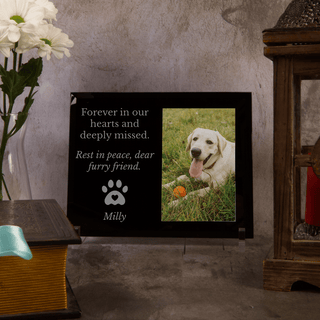 Pet Forever in our Hearts Custom Engraved Black Glass Frame