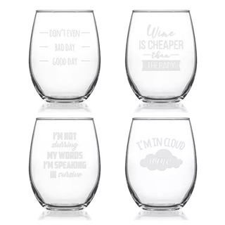 Lot de 4 verres à vin sans pied avec citations amusantes