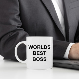 Michael Scott would be proud of this white mug with the text Worlds Best Boss on it.