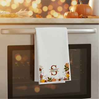 Personalized Fall Waffle Weave Dish Towel – Custom Family Name & Monogram Thanksgiving Kitchen Towel